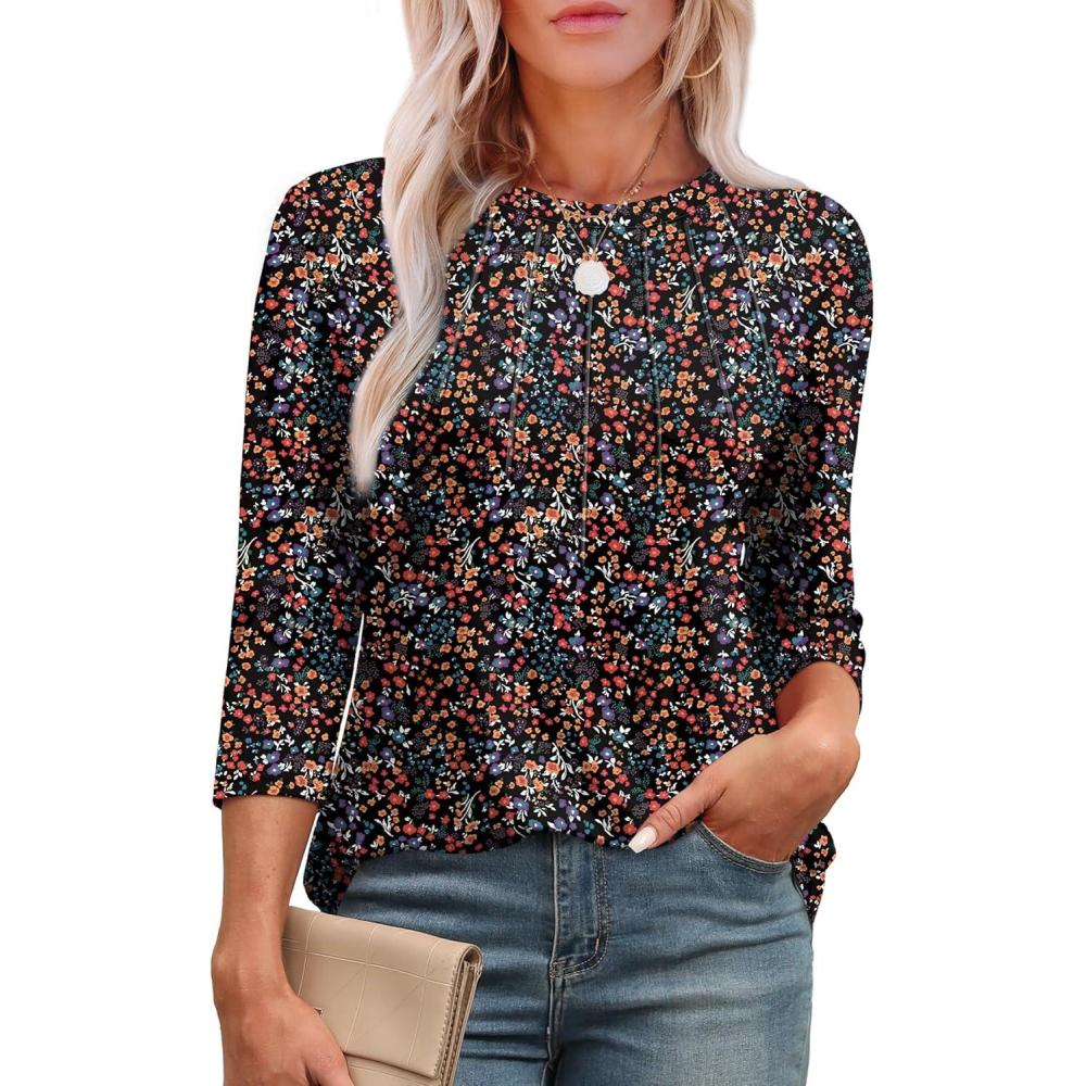 image:imageXIEERDUO 34 Length Sleeve Womens Tops Round Neck Casual Tunic Tops Basic Pleated Shirts Loose Fit 2026Patternedblack Floral
