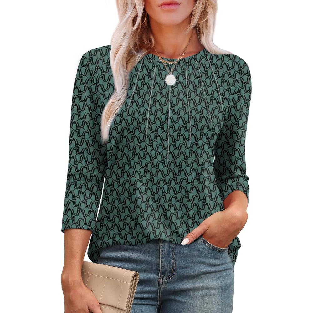 image:imageXIEERDUO 34 Length Sleeve Womens Tops Round Neck Casual Tunic Tops Basic Pleated Shirts Loose Fit 2026Patternedgreen Printed