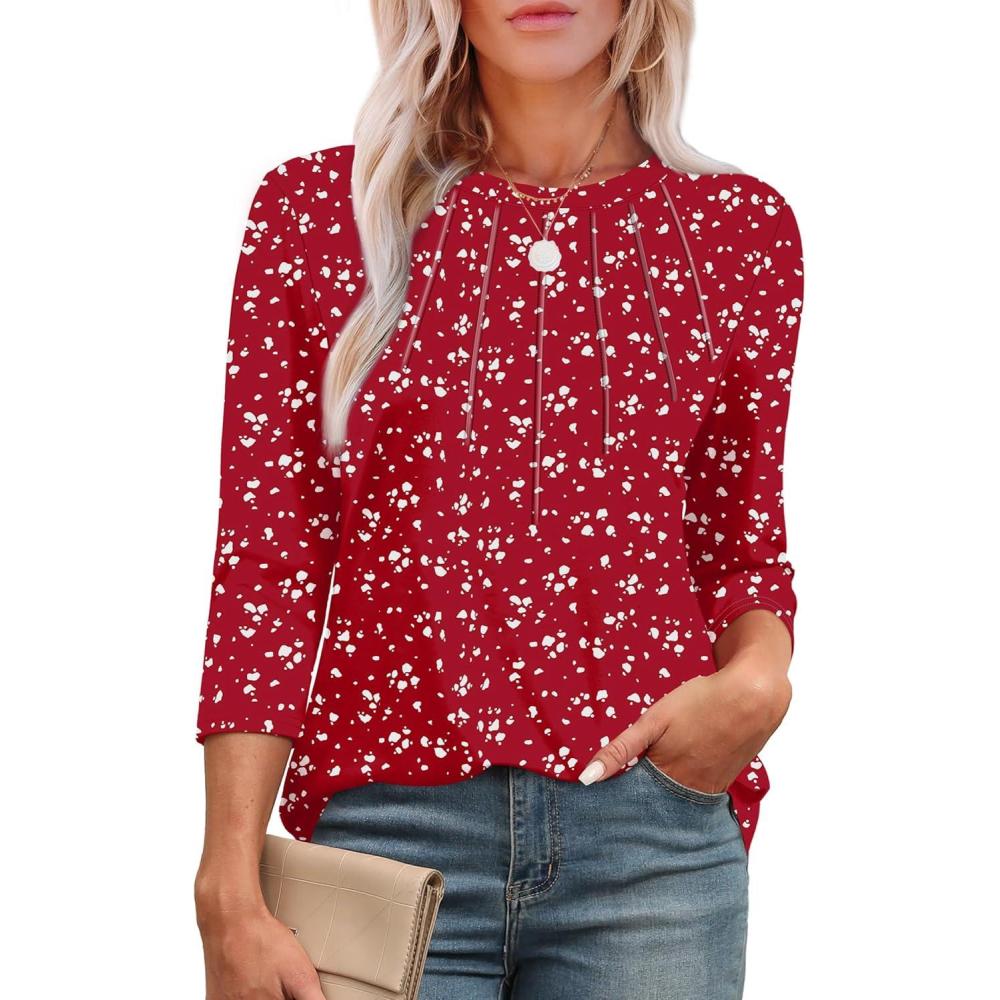 image:imageXIEERDUO 34 Length Sleeve Womens Tops Round Neck Casual Tunic Tops Basic Pleated Shirts Loose Fit 2026Patternedred Print