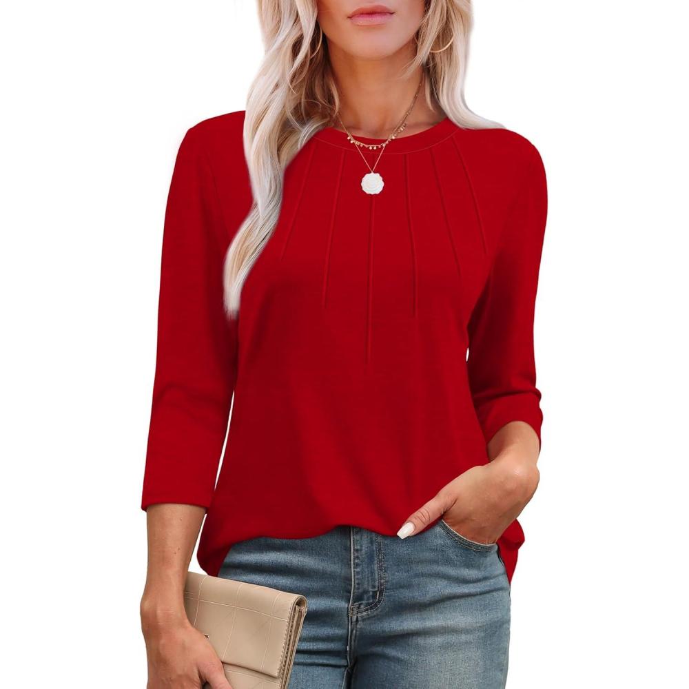 image:imageXIEERDUO 34 Length Sleeve Womens Tops Round Neck Casual Tunic Tops Basic Pleated Shirts Loose Fit 2026Red