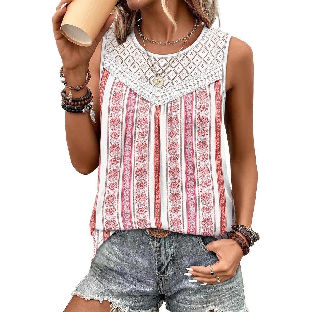 image:imageXIEERDUO Womens Tank Tops Sleeveless Lace Crochet Boho Tops Loose Fit Pleated Tunics Crewneck Summer Vacation Outfits FlowyPatternedprint