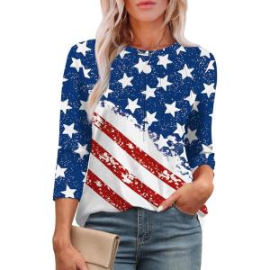 XIEERDUO 3/4 Length Sleeve Womens Tops Round Neck Casual Tunic Tops Basic Pleated Shirts Loose Fit 2026(Flag-white)