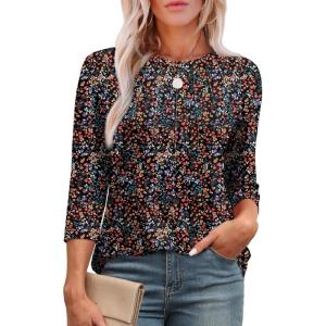 XIEERDUO 3/4 Length Sleeve Womens Tops Round Neck Casual Tunic Tops Basic Pleated Shirts Loose Fit 2026(Patterned-black Floral)