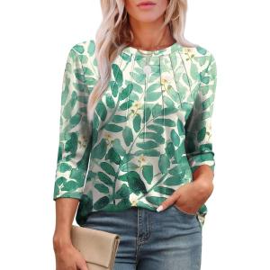 XIEERDUO 3/4 Length Sleeve Womens Tops Round Neck Casual Tunic Tops Basic Pleated Shirts Loose Fit 2026(Patterned-blue Leaf)
