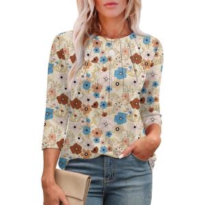 XIEERDUO 3/4 Length Sleeve Womens Tops Round Neck Casual Tunic Tops Basic Pleated Shirts Loose Fit 2026(Patterned-khaki Flowers)