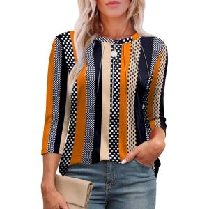 XIEERDUO 3/4 Length Sleeve Womens Tops Round Neck Casual Tunic Tops Basic Pleated Shirts Loose Fit 2026(Patterned-khaki Stripe)