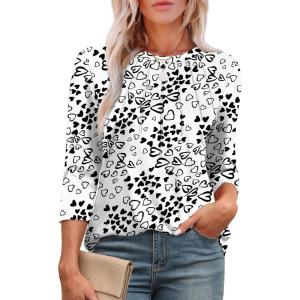 XIEERDUO 3/4 Length Sleeve Womens Tops Round Neck Casual Tunic Tops Basic Pleated Shirts Loose Fit 2026(Patterned-love Print)