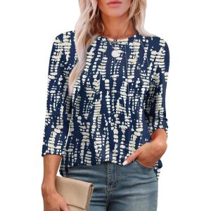 XIEERDUO 3/4 Length Sleeve Womens Tops Round Neck Casual Tunic Tops Basic Pleated Shirts Loose Fit 2026(Patterned-navy Printed)