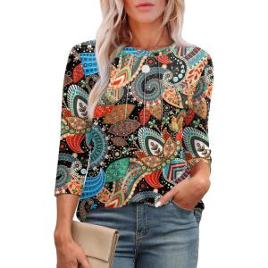 XIEERDUO 3/4 Length Sleeve Womens Tops Round Neck Casual Tunic Tops Basic Pleated Shirts Loose Fit 2026(Patterned-orange Floral)