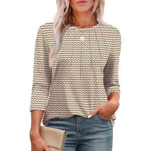 XIEERDUO 3/4 Length Sleeve Womens Tops Round Neck Casual Tunic Tops Basic Pleated Shirts Loose Fit 2026(Patterned-stripe)