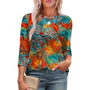 XIEERDUO 3/4 Length Sleeve Womens Tops Round Neck Casual Tunic Tops Basic Pleated Shirts Loose Fit 2026(Patterned-summer Floral)