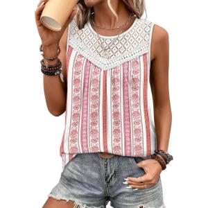 XIEERDUO Womens Tank Tops Sleeveless Lace Crochet Boho Tops Loose Fit Pleated Tunics Crewneck Summer Vacation Outfits Flowy(Patterned-print)