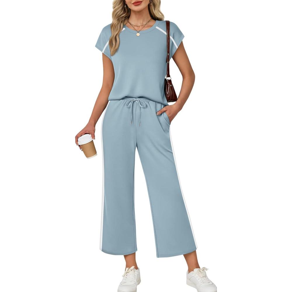 image:imageXIEERDUO 2 Piece Sets for Women Crew Neck Travel Airport Outfits Summer Fashion Clothing Cap Sleeve Tops Wide Legs Pants SetLight Blue