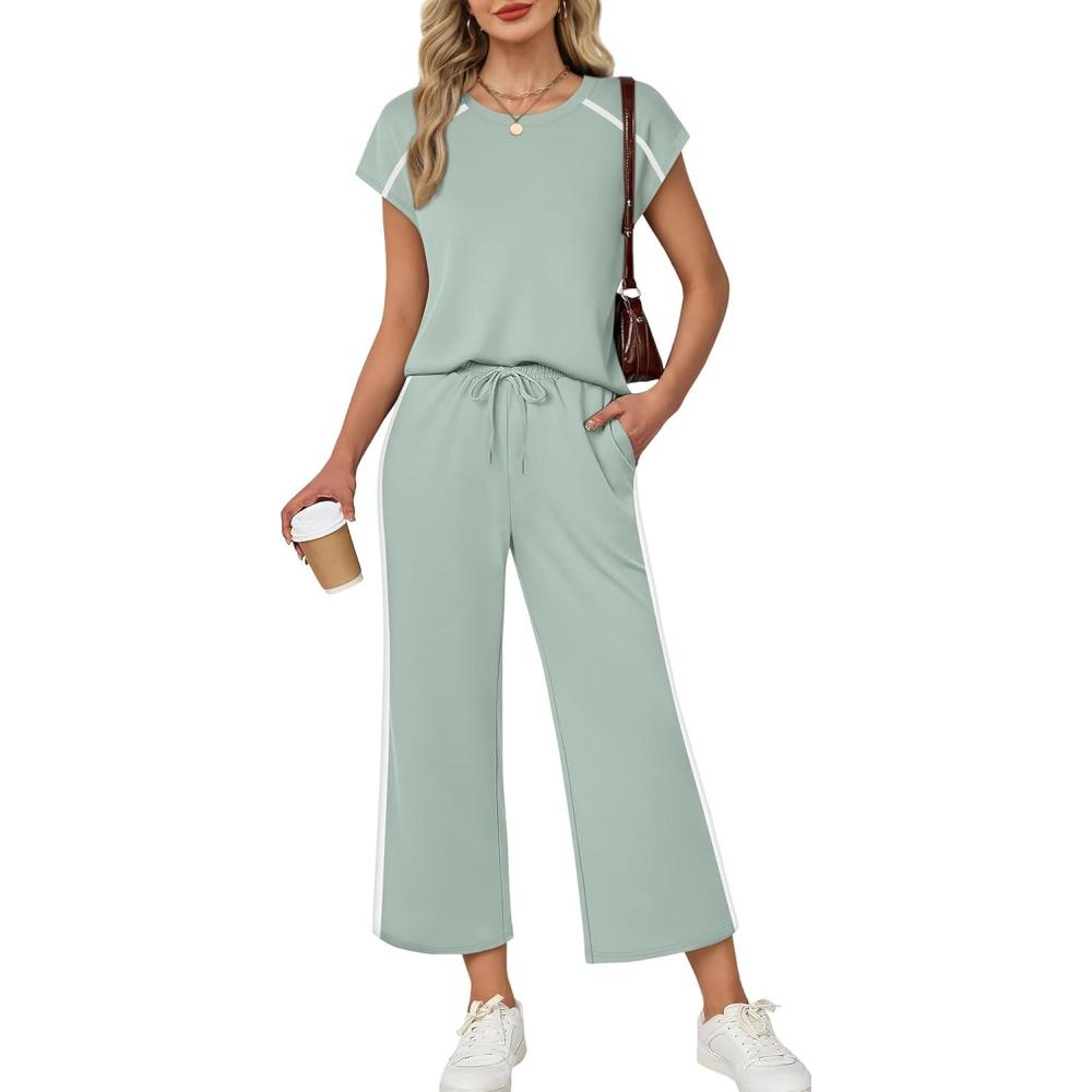 image:imageXIEERDUO 2 Piece Sets for Women Crew Neck Travel Airport Outfits Summer Fashion Clothing Cap Sleeve Tops Wide Legs Pants SetSage Olive Green