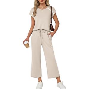 XIEERDUO 2 Piece Sets for Women Crew Neck Travel Airport Outfits Summer Fashion Clothing Cap Sleeve Tops Wide Legs Pants Set(Beige)