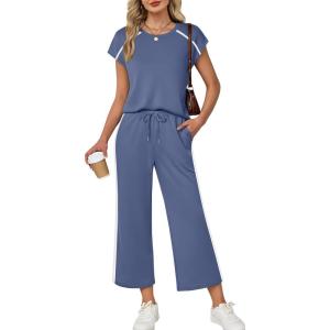 XIEERDUO 2 Piece Sets for Women Crew Neck Travel Airport Outfits Summer Fashion Clothing Cap Sleeve Tops Wide Legs Pants Set(Blue)