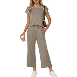 XIEERDUO 2 Piece Sets for Women Crew Neck Travel Airport Outfits Summer Fashion Clothing Cap Sleeve Tops Wide Legs Pants Set(Brown)