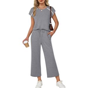 XIEERDUO 2 Piece Sets for Women Crew Neck Travel Airport Outfits Summer Fashion Clothing Cap Sleeve Tops Wide Legs Pants Set(Grey)