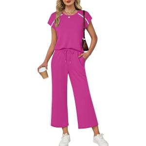 XIEERDUO 2 Piece Sets for Women Crew Neck Travel Airport Outfits Summer Fashion Clothing Cap Sleeve Tops Wide Legs Pants Set(Hot Pink)