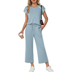XIEERDUO 2 Piece Sets for Women Crew Neck Travel Airport Outfits Summer Fashion Clothing Cap Sleeve Tops Wide Legs Pants Set(Light Blue)