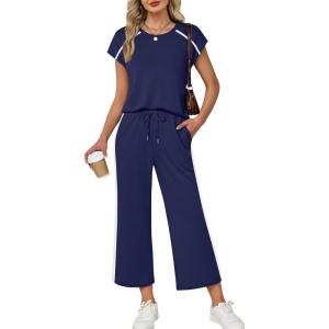 XIEERDUO 2 Piece Sets for Women Crew Neck Travel Airport Outfits Summer Fashion Clothing Cap Sleeve Tops Wide Legs Pants Set(Navy Blue)