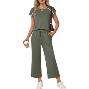 XIEERDUO 2 Piece Sets for Women Crew Neck Travel Airport Outfits Summer Fashion Clothing Cap Sleeve Tops Wide Legs Pants Set(Olive Green)