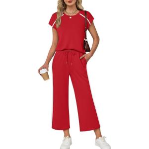 XIEERDUO 2 Piece Sets for Women Crew Neck Travel Airport Outfits Summer Fashion Clothing Cap Sleeve Tops Wide Legs Pants Set(Red)