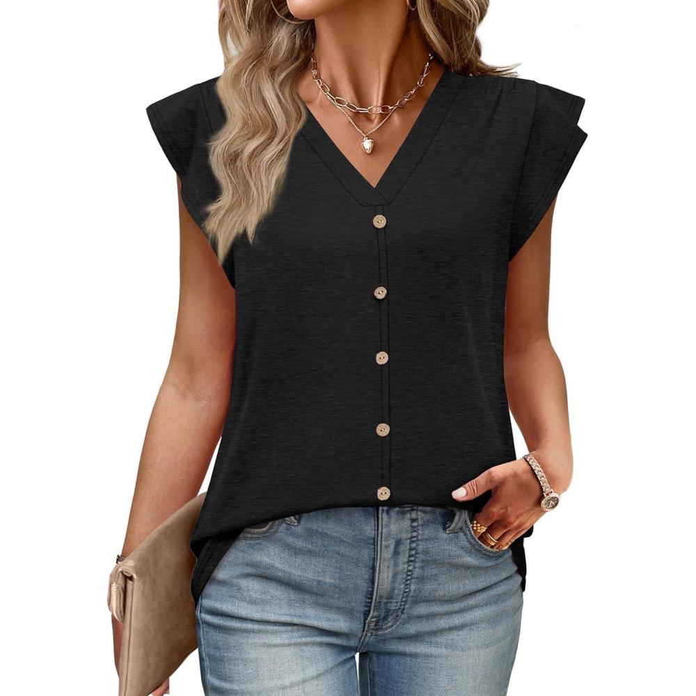 image:imageWomens Tops Ruffle Sleeve Shirts Ladies Tops and Blouses Spring Clothes Tank Tops for Women Business Casual OutfitsBlack