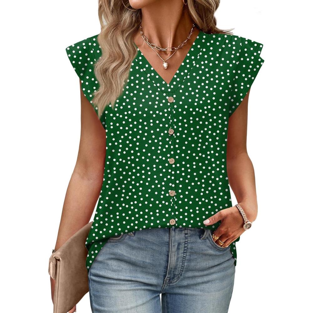image:imageWomens Tops Ruffle Sleeve Shirts Ladies Tops and Blouses Spring Clothes Tank Tops for Women Business Casual OutfitsGreen Dot