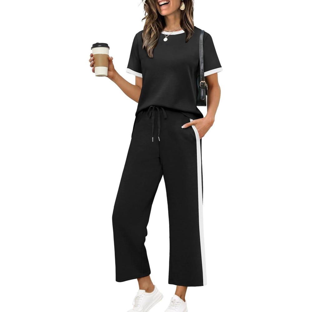 image:imageXIEERDUO Womens Side Slit Lounge Sets 2026 Fashion 2 Piece Travel Outfits Cozy Loungewear Wide Leg Tracksuits S3XLUnique Black