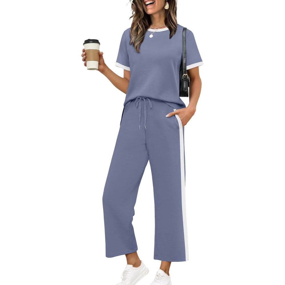 image:imageXIEERDUO Womens Side Slit Lounge Sets 2026 Fashion 2 Piece Travel Outfits Cozy Loungewear Wide Leg Tracksuits S3XLUnique Blue