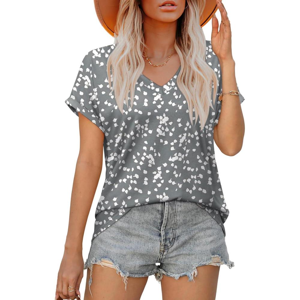 image:imageXIEERDUO Womens Summer Tops Short Sleeve Shirts Casual V Neck T Shirt Loose Fit ComfyHgray Print