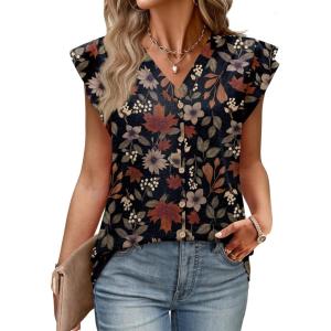 Womens Tops Ruffle Sleeve Shirts Ladies Tops and Blouses Spring Clothes Tank Tops for Women Business Casual Outfits(Black Leaves)