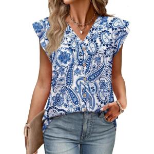 Womens Tops Ruffle Sleeve Shirts Ladies Tops and Blouses Spring Clothes Tank Tops for Women Business Casual Outfits(Blue Floral)