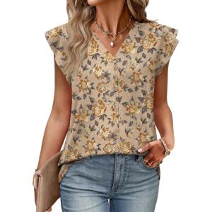 Womens Tops Ruffle Sleeve Shirts Ladies Tops and Blouses Spring Clothes Tank Tops for Women Business Casual Outfits(Coffee Floral)