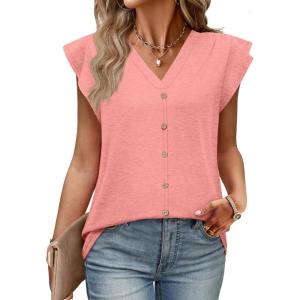 Womens Tops Ruffle Sleeve Shirts Ladies Tops and Blouses Spring Clothes Tank Tops for Women Business Casual Outfits(Coral)