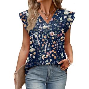 Womens Tops Ruffle Sleeve Shirts Ladies Tops and Blouses Spring Clothes Tank Tops for Women Business Casual Outfits(Navy Floral)