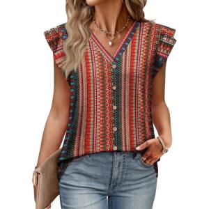 Womens Tops Ruffle Sleeve Shirts Ladies Tops and Blouses Spring Clothes Tank Tops for Women Business Casual Outfits(Red Stripe)
