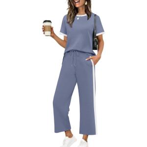 XIEERDUO Women’s Side Slit Lounge Sets 2026 Fashion 2 Piece Travel Outfits Cozy Loungewear Wide Leg Tracksuits S-3XL(Unique Blue)