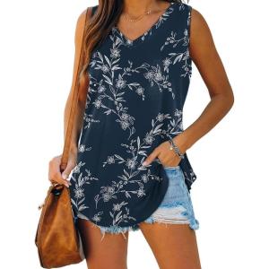 XIEERDUO Womens Tank Tops V Neck Basic Solid Color Casual Flowy Summer Sleeveless(01-dark Blue Print)
