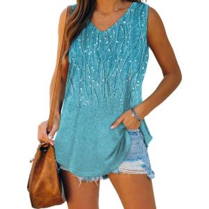 XIEERDUO Womens Tank Tops V Neck Basic Solid Color Casual Flowy Summer Sleeveless(Blue Line Gradient Print)