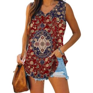 XIEERDUO Womens Tank Tops V Neck Basic Solid Color Casual Flowy Summer Sleeveless(Wine Red Print)