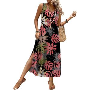 XIEERDUO Maxi Dresses for Women 2026 Beach Vacation Clothes Sleeveless Summer Boho Sundresses with Pockets S-2Xl(A-red Leaf)