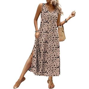 XIEERDUO Maxi Dresses for Women 2026 Beach Vacation Clothes Sleeveless Summer Boho Sundresses with Pockets S-2Xl(Light Brown Dots)