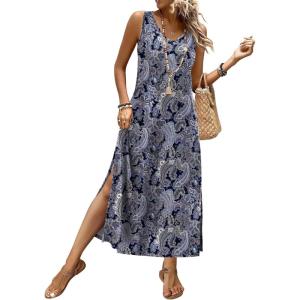 XIEERDUO Maxi Summer Dresses for Women 2026 Beach Vacation Clothes Spring Boho Cruise Sundresses with Pockets S-2Xl(Grey Blue Pattern)