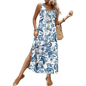 XIEERDUO Maxi Summer Dresses for Women 2026 Beach Vacation Clothes Spring Boho Cruise Sundresses with Pockets S-2Xl(Vintage Blue Floral)