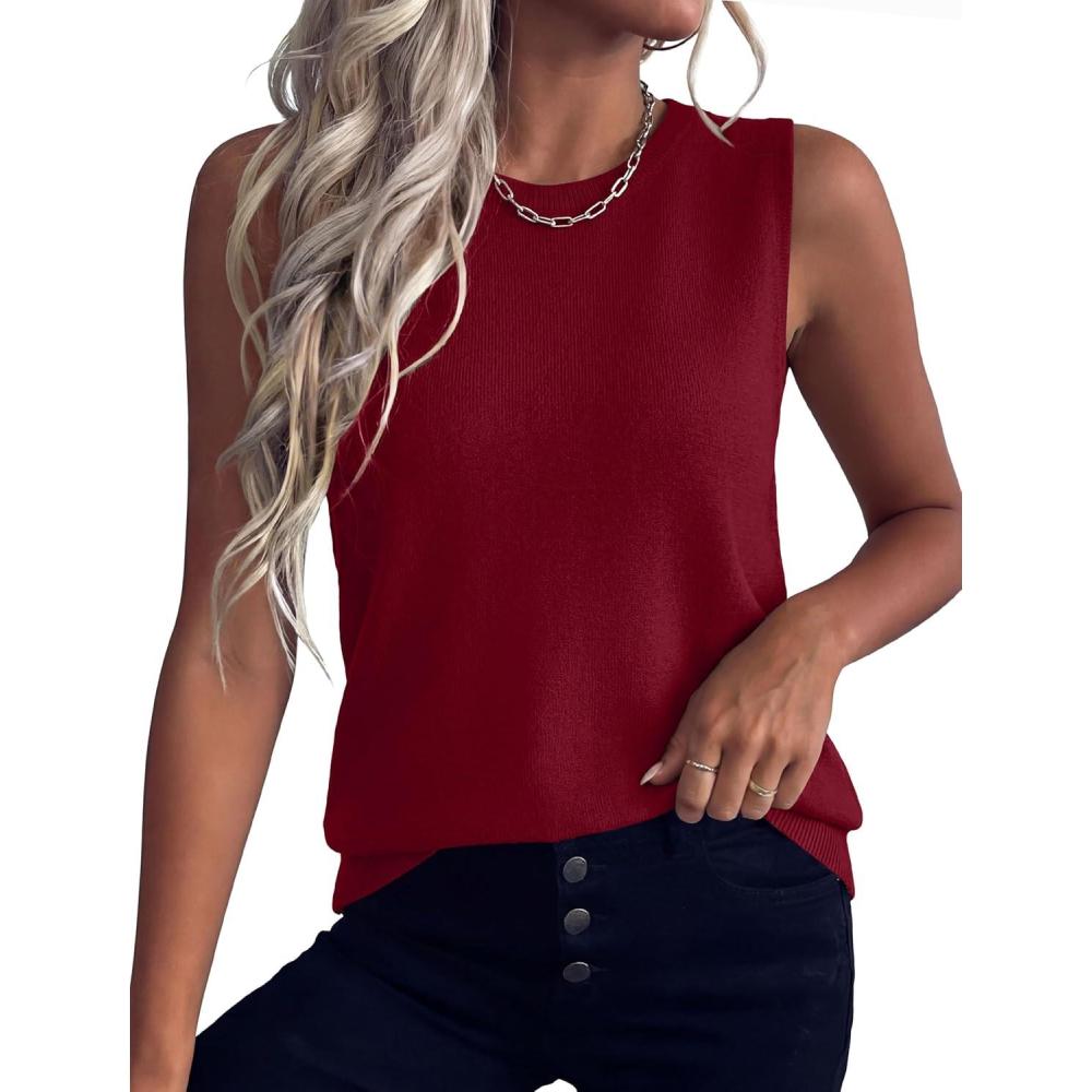 image:imageXIEERDUO Sweater Vest Women Crewneck Ribbed Knit Tank Tops Sleeveless Summer Tops Business Casual Outfits Work BlousesBurgundy