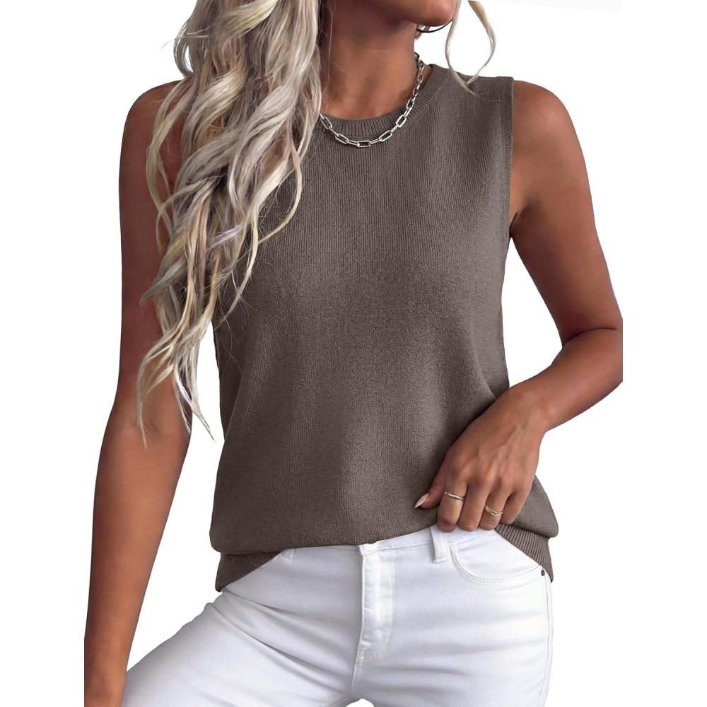 image:imageXIEERDUO Sweater Vest Women Crewneck Ribbed Knit Tank Tops Sleeveless Summer Tops Business Casual Outfits Work BlousesCoffee