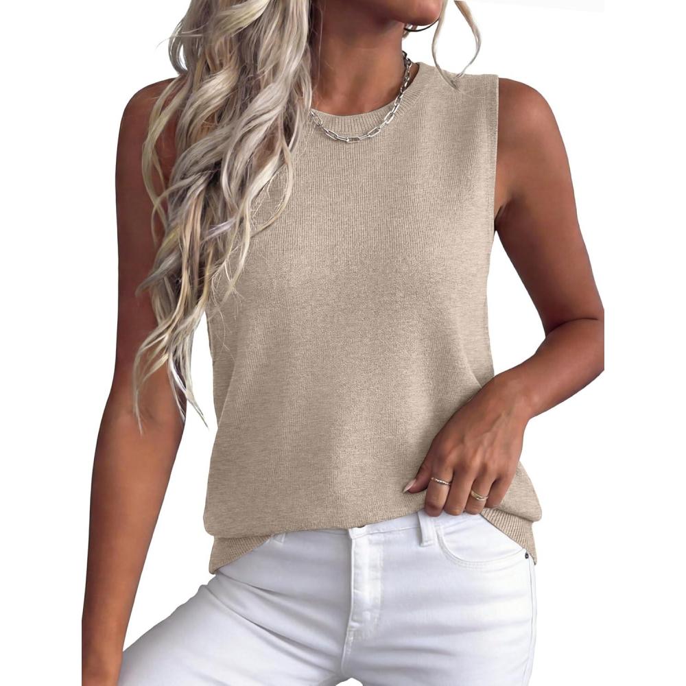image:imageXIEERDUO Sweater Vest Women Crewneck Ribbed Knit Tank Tops Sleeveless Summer Tops Business Casual Outfits Work BlousesKhaki