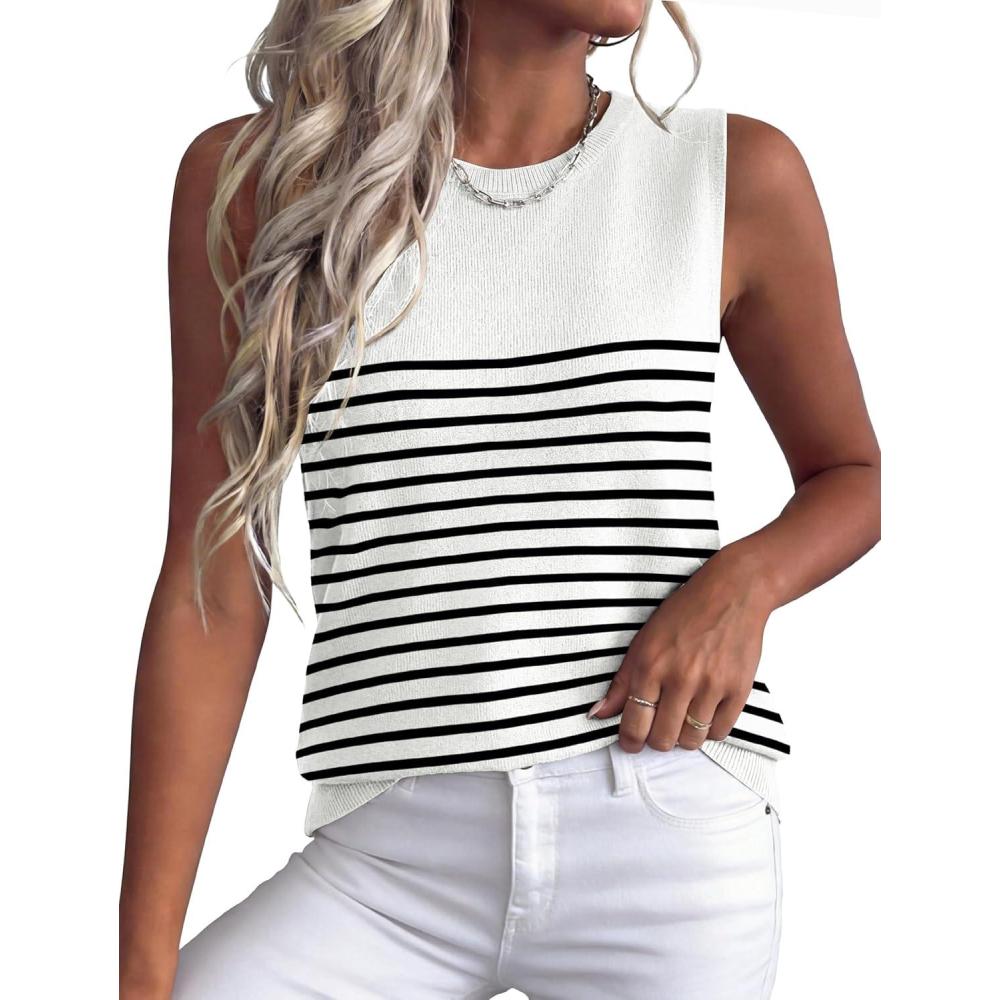 image:imageXIEERDUO Sweater Vest Women Crewneck Ribbed Knit Tank Tops Sleeveless Summer Tops Business Casual Outfits Work BlousesStriped Whiteblack